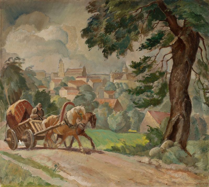 Two-horse cart on the road into town, oil on canvas by Michał Rouba