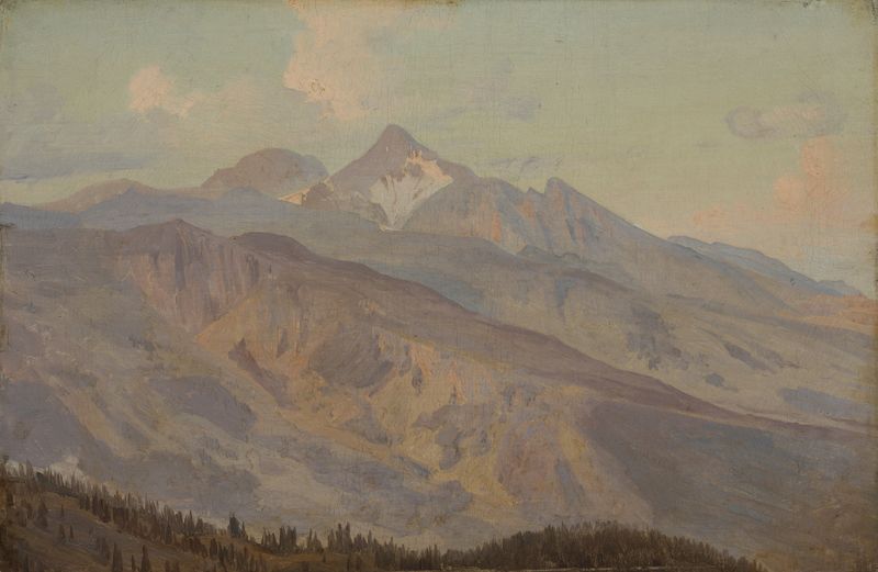 Paisagem de montanhas e campos em óleo de Johann Wilhelm Schirmer