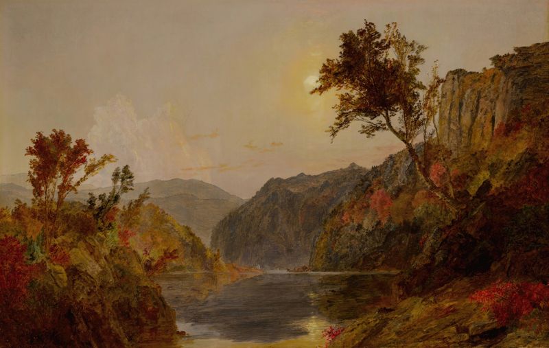 Hudson River Landscape by Jasper Francis Cropsey, oil on canvas depicting a tranquil river at dusk.