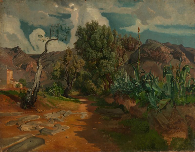 Landschaft bei Palermo de Heinrich Ludwig, óleo sobre tela mostrando colinas e luz dourada.
