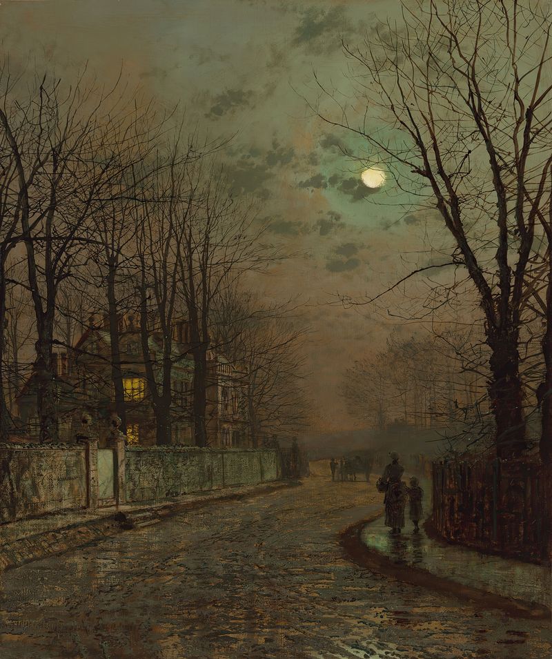 A Wet Road, Knostrop, Yorkshire by John Atkinson Grimshaw, oil on canvas depicting a rain-slicked road.