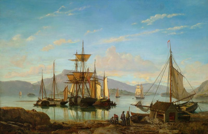 Pintura a óleo de Johan Jacob Bennetter mostrando barcos em um porto com luz suave sobre a água.