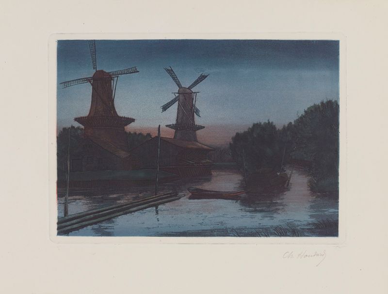 Moulins à Dordrecht by Charles-Louis Houdard, oil on canvas depicting a river and windmill.