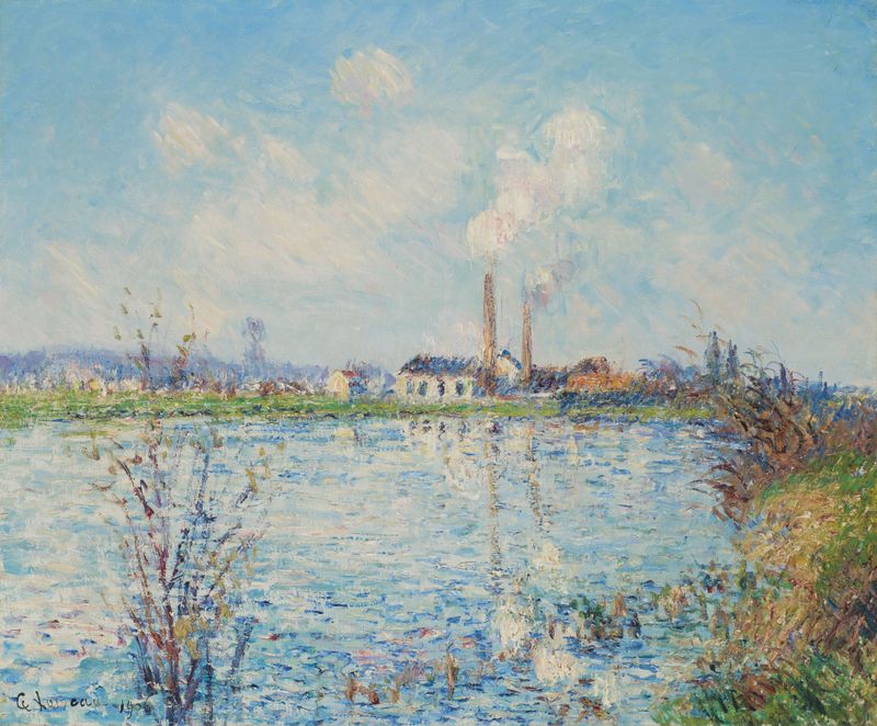 Pintura de paisaje al óleo de Gustave Loiseau que representa el río Oise y un follaje exuberante