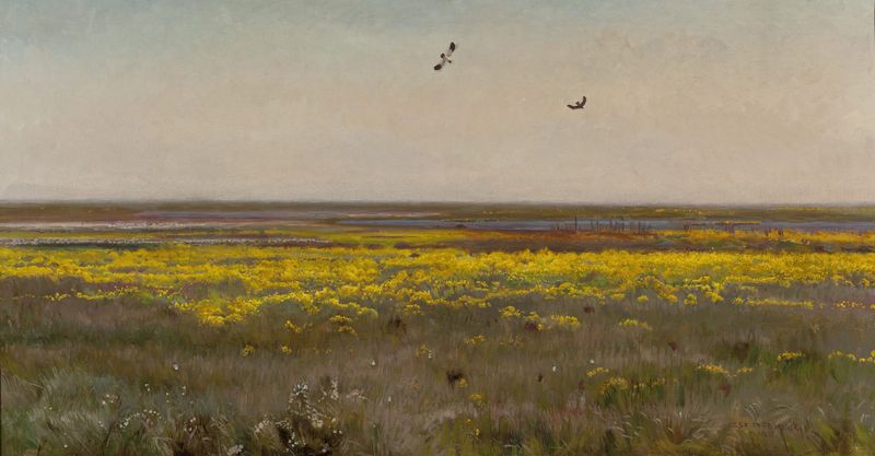 Cowslips de Jozef Chelmonski, óleo sobre lienzo con flores amarillas vibrantes.