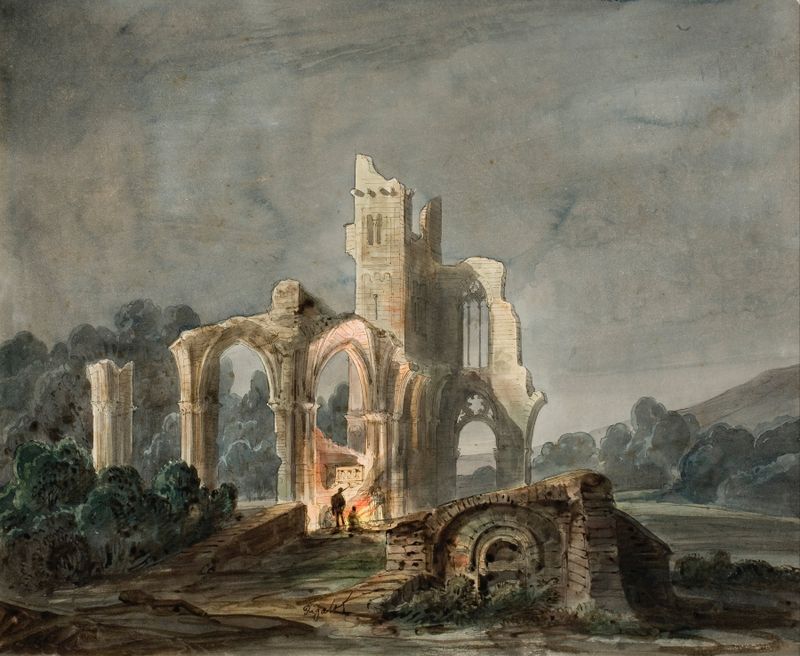 Night landscape with gothic ruins against an indigo sky by Lluís Rigalt, oil painting