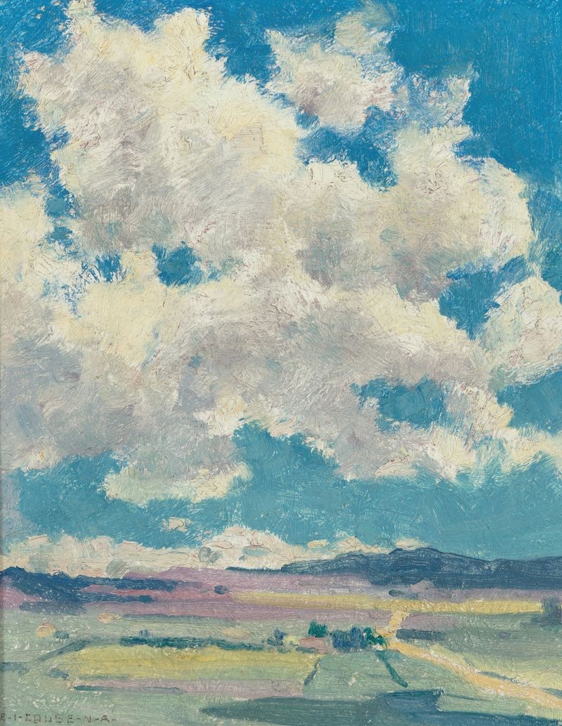 Over the Taos Valley de Eanger Irving Couse, pintura a óleo que retrata um pôr do sol sobre um vale tranquilo