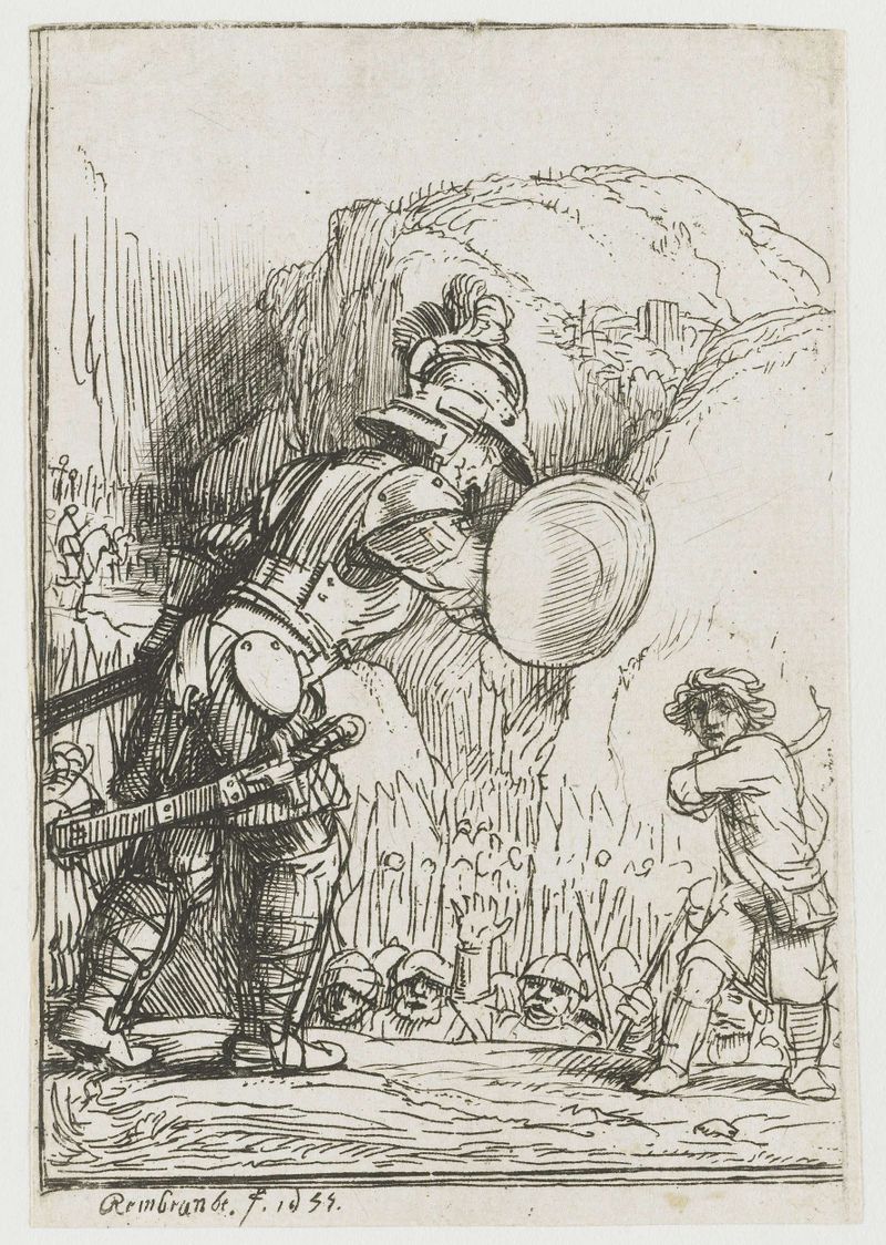 Grabado de Rembrandt van Rijn que representa a David enfrentándose a Goliat