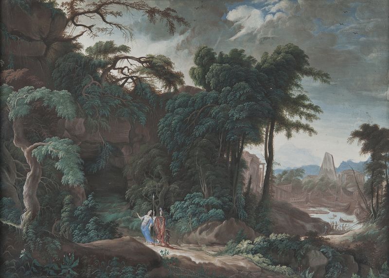 Forest landscape with figures by Pierre Antoine Patel the younger, oil painting