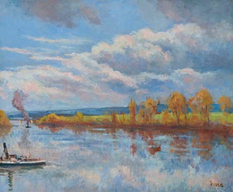 Bords de Seine à Guernes de Maximilien Luce, pintura al óleo que representa un río y un pueblo.