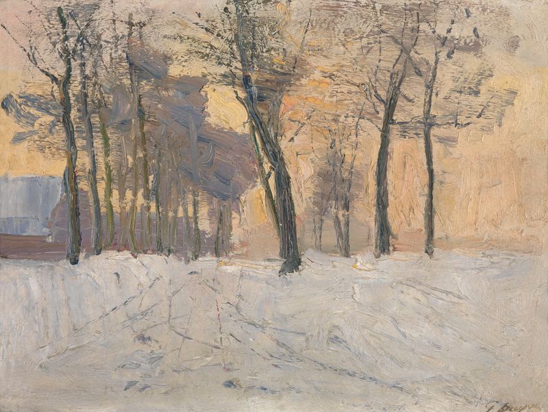 Winter Landscape de Georges Buysse, óleo sobre lienzo, que representa una escena nevada con suaves azules y grises.