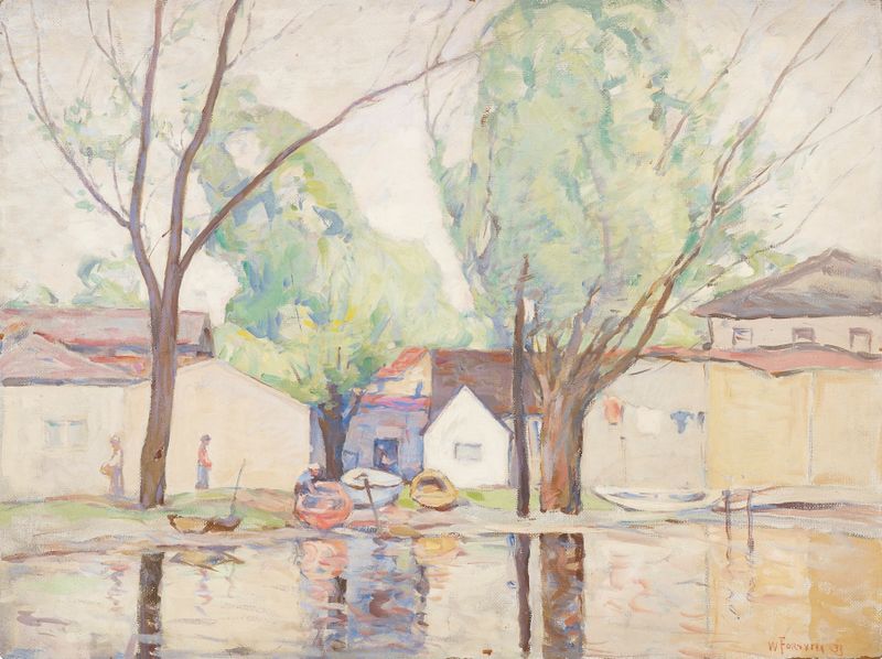 Waterside de William J. Forsyth, óleo sobre lienzo que representa un paisaje tranquilo con agua y atardecer.