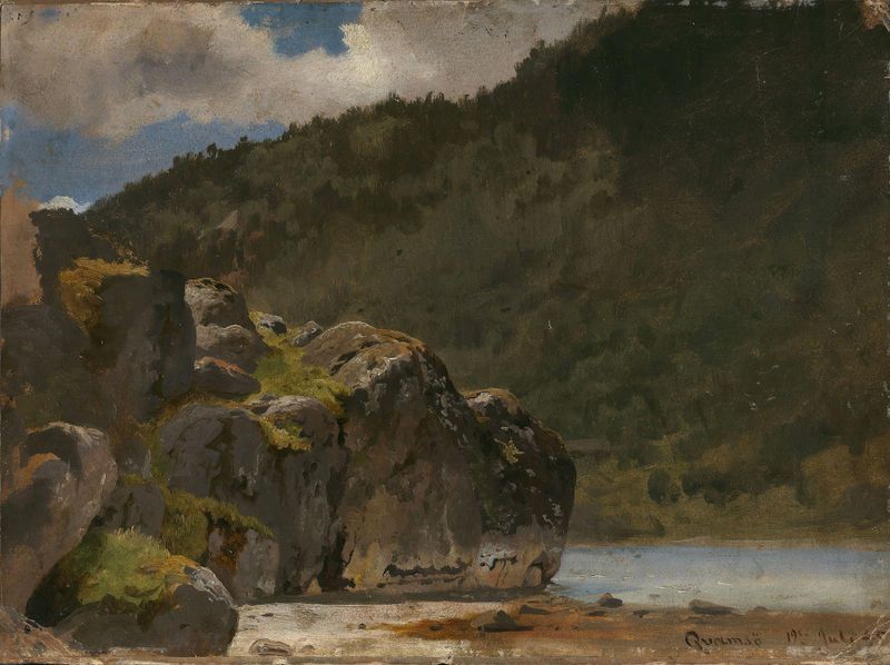Paisaje de fiordo con vegetación y reflejos de luz, pintura al óleo de Hans Gude