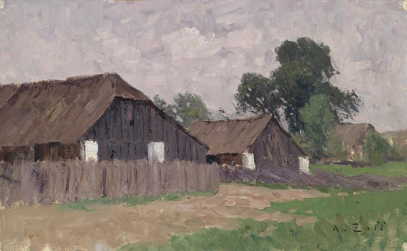 Bauernhäuser bei Klagenfurt de Alfred Zoff, óleo sobre tela que retrata casas rústicas em uma paisagem verde