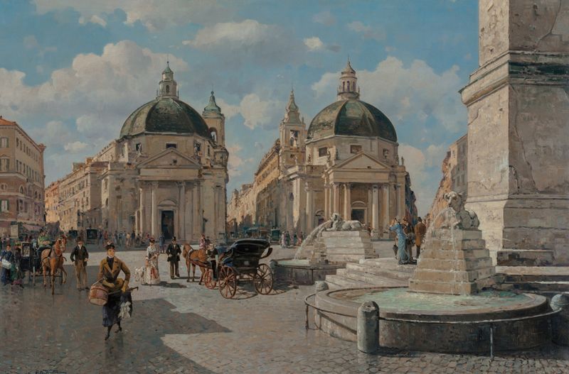Cena de gênero mostrando turistas na Piazza del Popolo, óleo sobre tela de Giuseppe De Winter