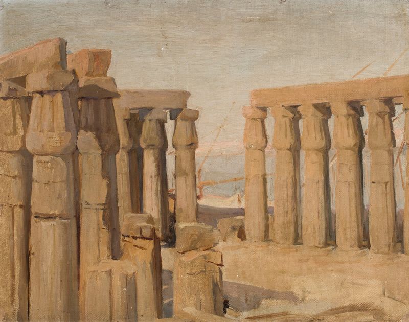 Pintura a óleo de Jan Ciągliński retratando o Templo em Luxor contra um vasto céu.