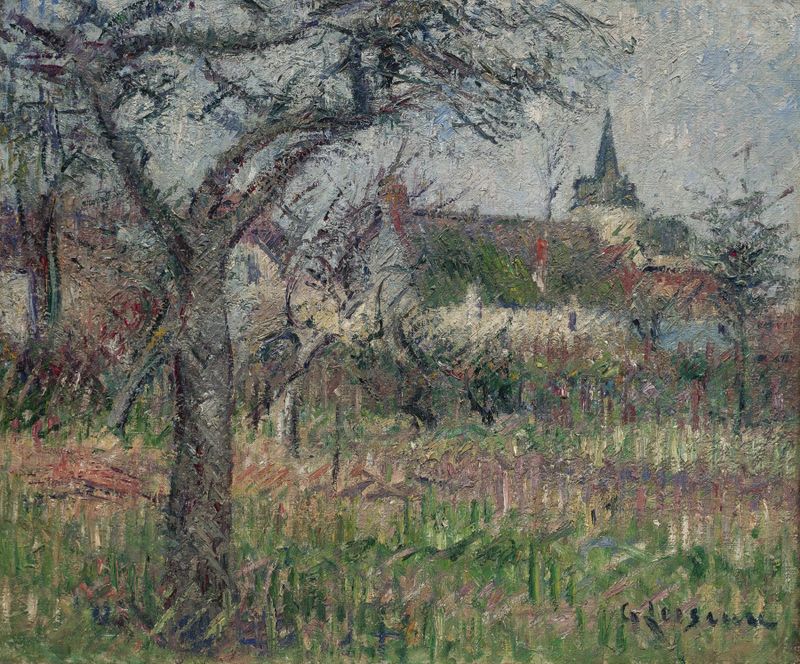 Pintura al óleo de Gustave Loiseau que representa un paisaje vibrante con verdes y amarillos.