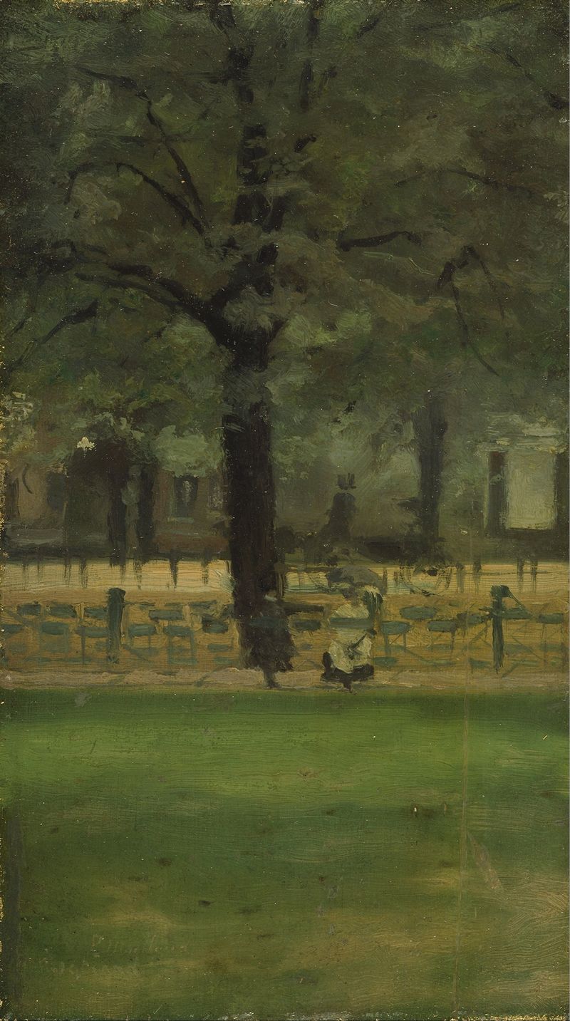 Escena figurativa de una dama caminando en Kensington Gardens, estilo victoriano de Paul Fordyce Maitland
