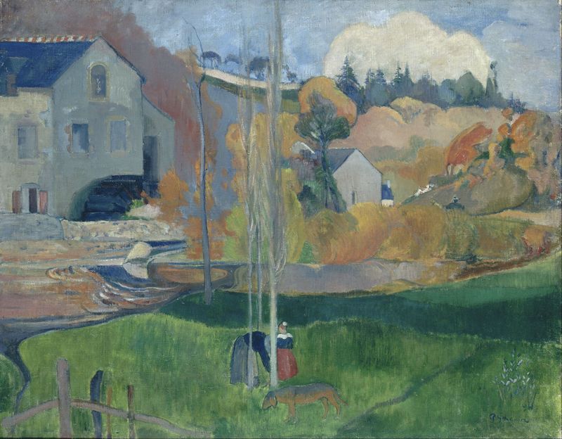 Paisagem na Bretanha. O Moinho David de Paul Gauguin, pintura a óleo com um moinho e vegetação exuberante.