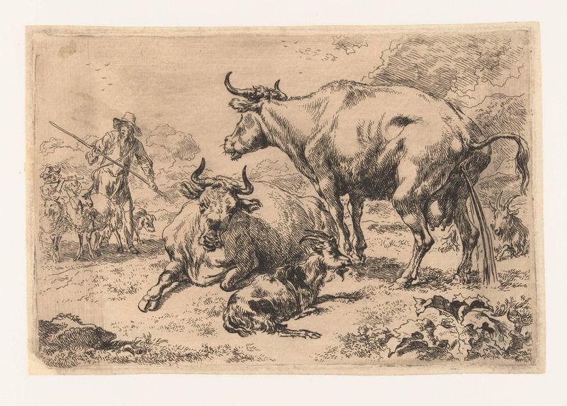 Grabado de Nicolaes Pietersz Berchem que muestra una vaca reclinada en un paisaje exuberante