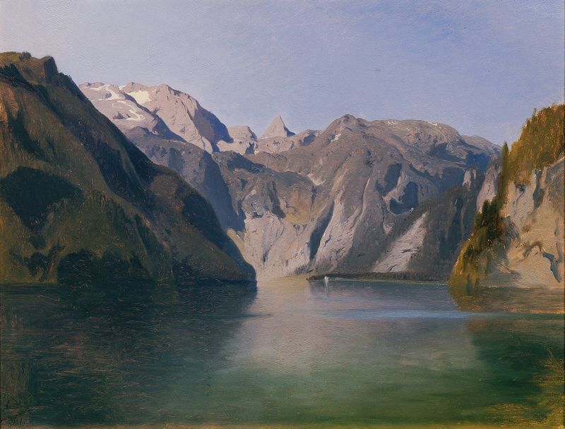Tranquil landscape with lake and mountains, oil painting by August Schaeffer von Wienwald