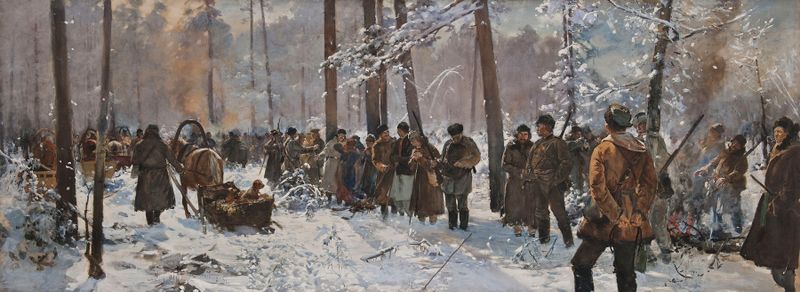 Genre scene depicting hunters and dogs in a forest, oil painting by Julian Falat