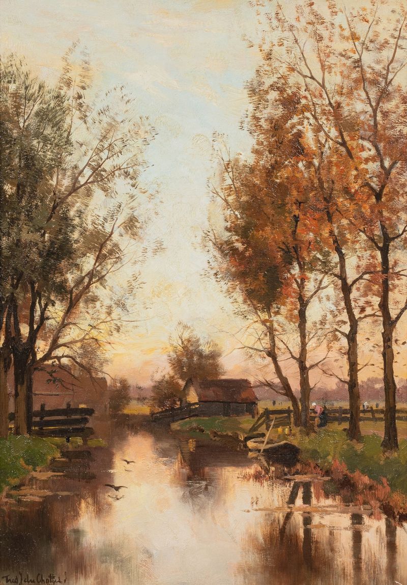 A waterway oil painting by Fredericus Jacobus van Rossum du Chattel, depicting a tranquil landscape.