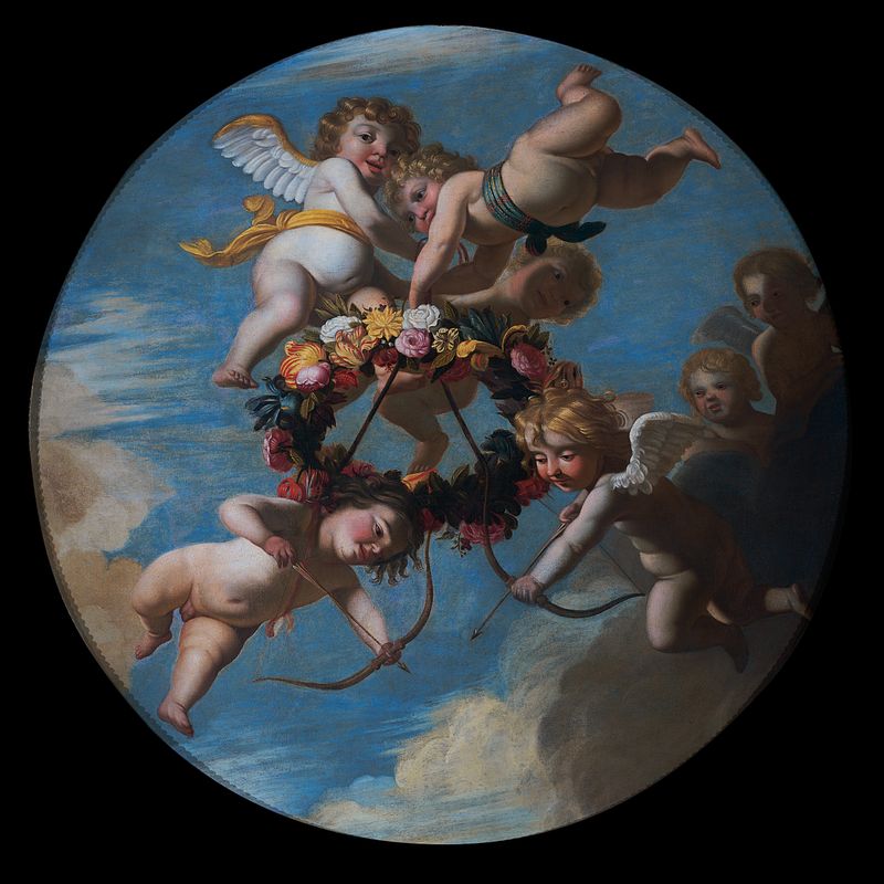 Putti with a Wreath of Flowers, óleo sobre tela de Gerard van Honthorst, apresentando figuras querubins e elementos florais.