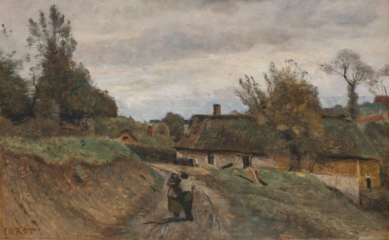 Gouvieux, paysan et paysanne de Jean-Baptiste-Camille Corot, óleo que muestra una pareja en un camino de tierra.