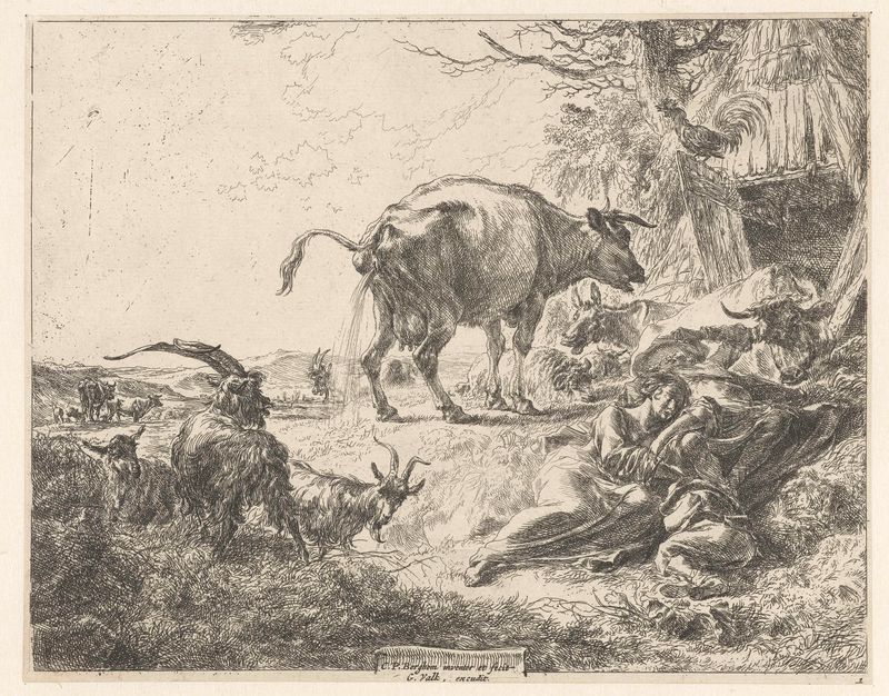 Slapende herdersfamilie en rustend vee grabado de Nicolaes Pietersz Berchem que muestra una familia y ganado al atardecer.