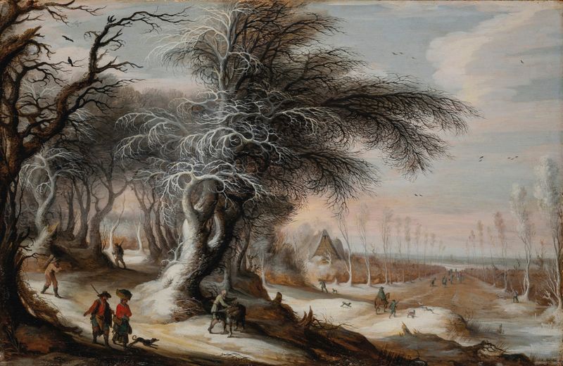 Un paisaje invernal con aldeanos en un camino, pintura al óleo de Gijsbrecht Leytens