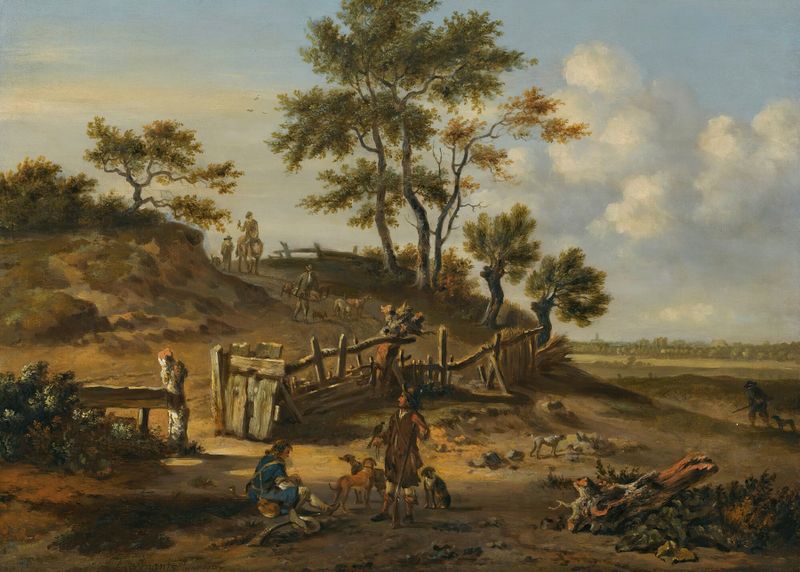 A dune landscape with falconers, oil on canvas by Jan Wijnants