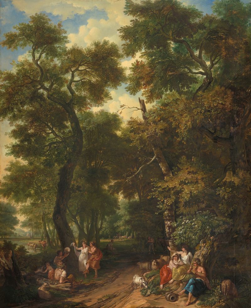 Arcadisch landschap met musicerende en dansende herders, óleo sobre tela de Jurriaan Andriessen
