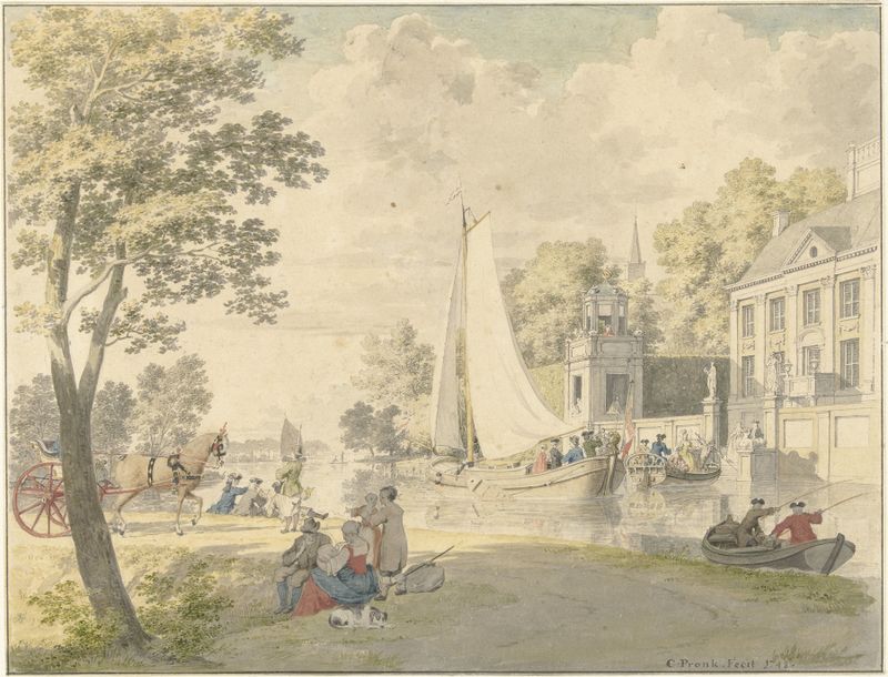 Landscape with pleasure boats and wildflowers, oil on canvas by Cornelis Pronk