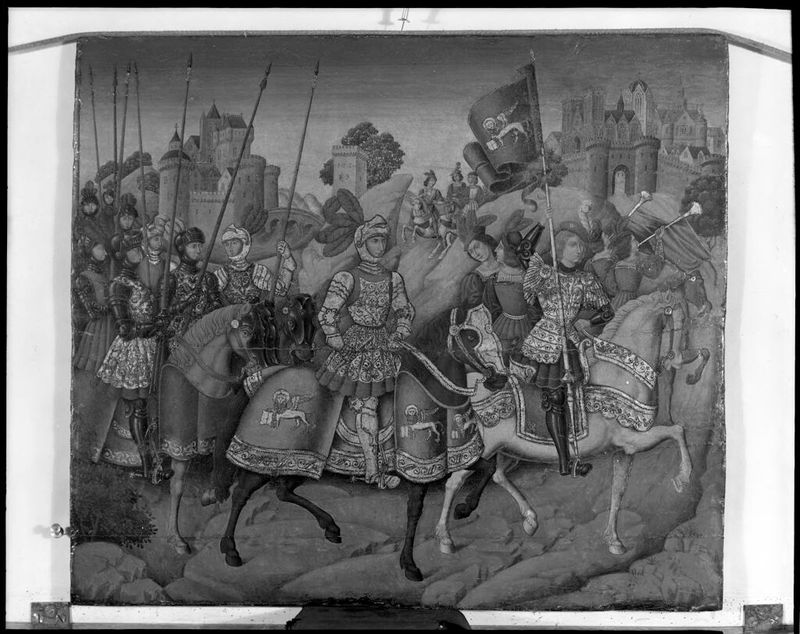 Cavalcade, óleo sobre panel de un artista no identificado, con figuras luminosas y gestos emocionales.