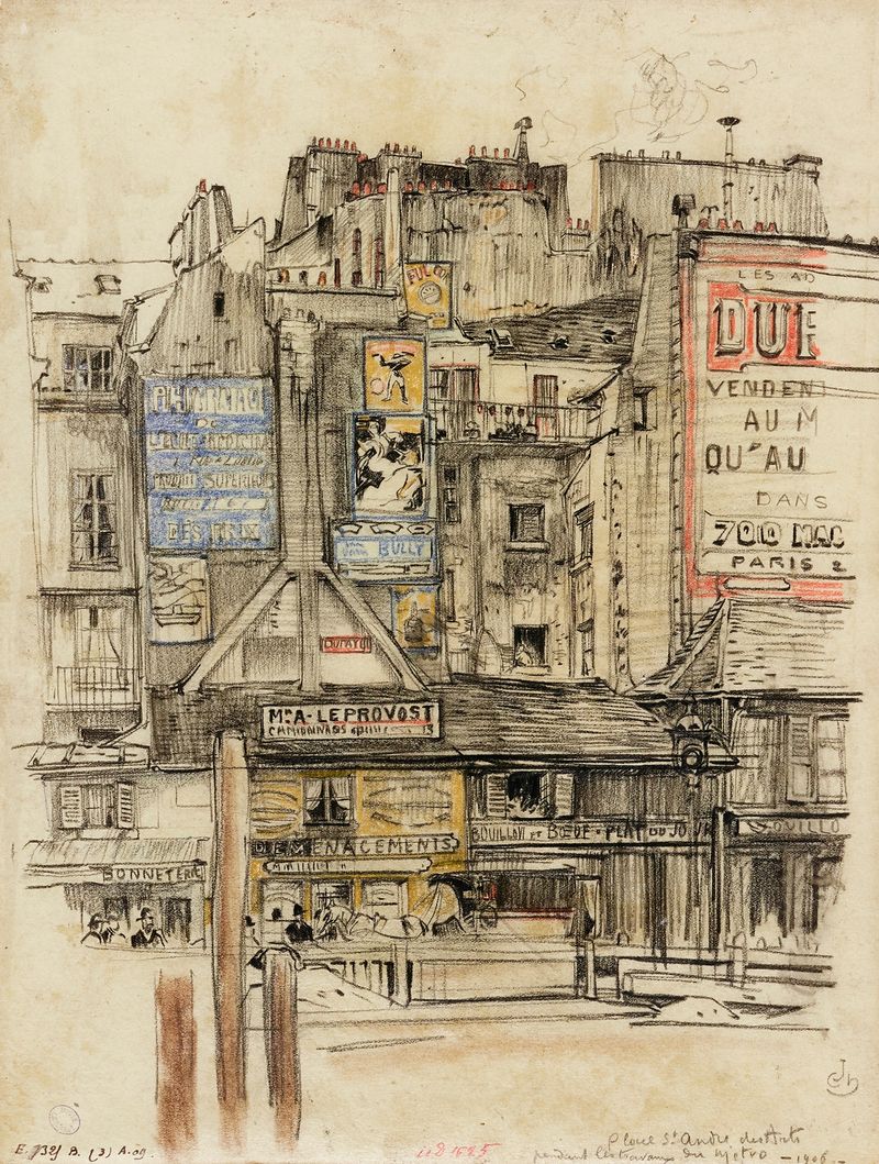 Place Saint André des Arts, óleo sobre lienzo de Charles Jouas, que muestra trabajadores y arquitectura.