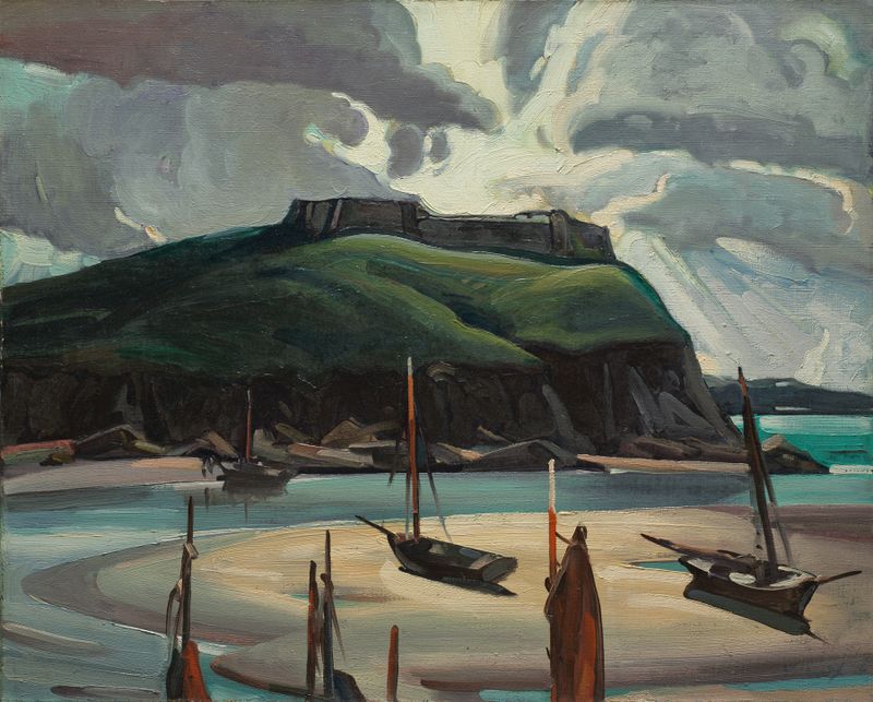 Paisaje de Frank Wilcox, óleo sobre lienzo que representa una escena tranquila con horizonte y naturaleza.