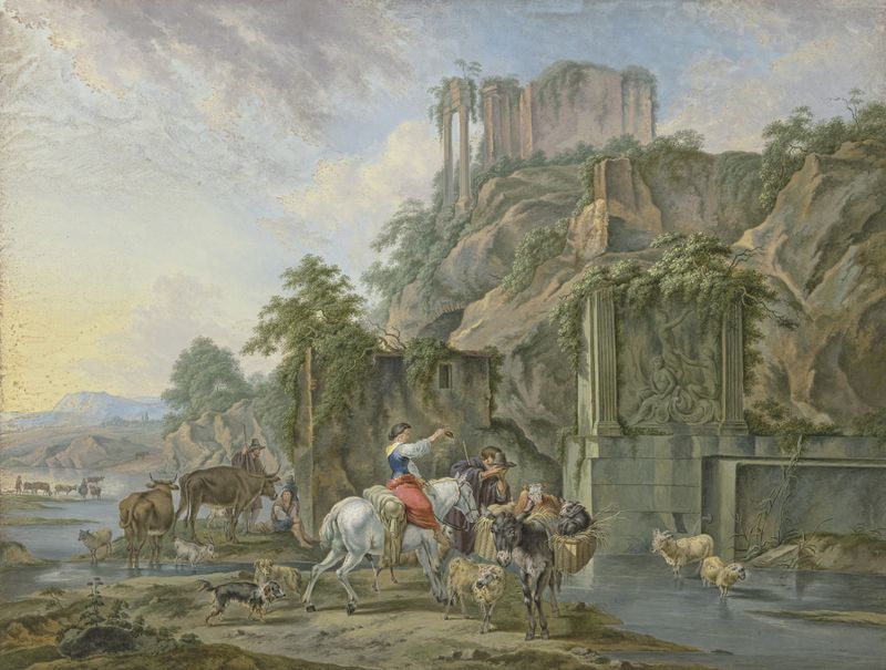Escena de género con pastores junto a una fuente, pintura al óleo de Johann Albrecht Friedrich Rauscher