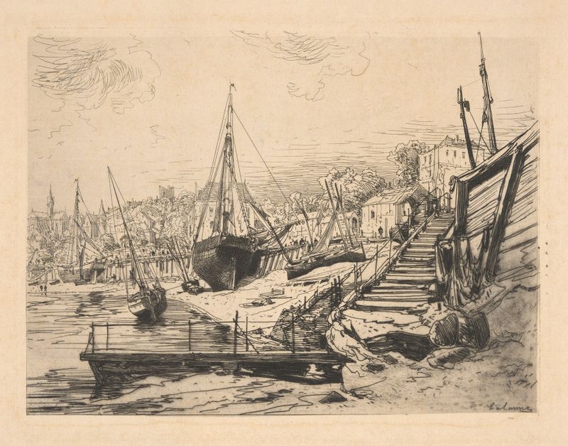 Cena marinha com barcos e água cintilante, pintura a óleo de Maxime Lalanne