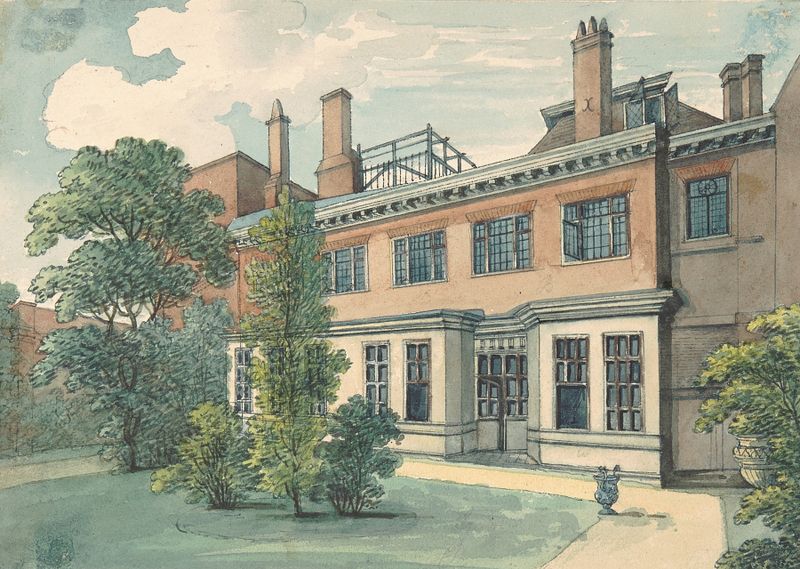 Jardim Frontal da Weaver’s Hall por Samuel Ireland, óleo sobre tela que retrata um jardim tranquilo.