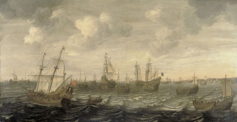 Marine scene depicting The Dutch Herring Fleet under Sail by Cornelis Beelt, oil painting.