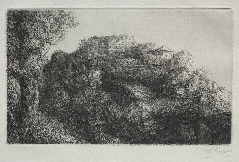Paisaje de Alphonse Legros, que representa un pueblo tranquilo con colinas, óleo