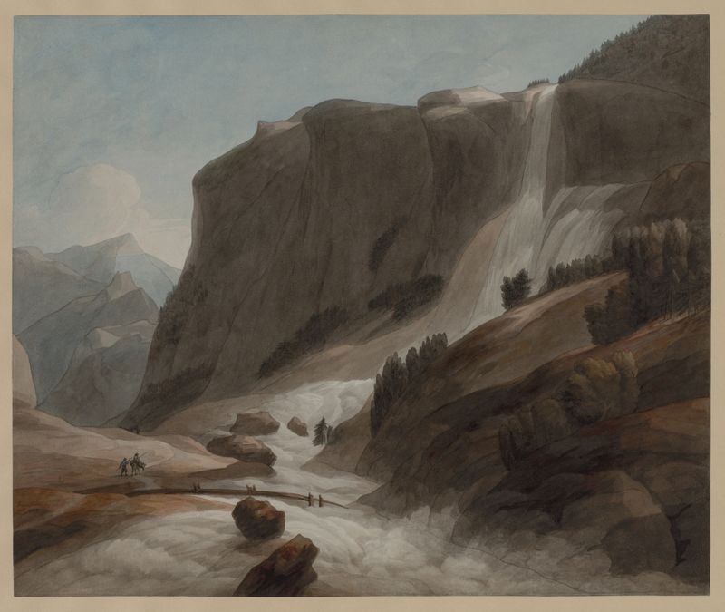 Acuarela de Francis Towne que representa una cascada entre Chiavenna y el Monte Splügen
