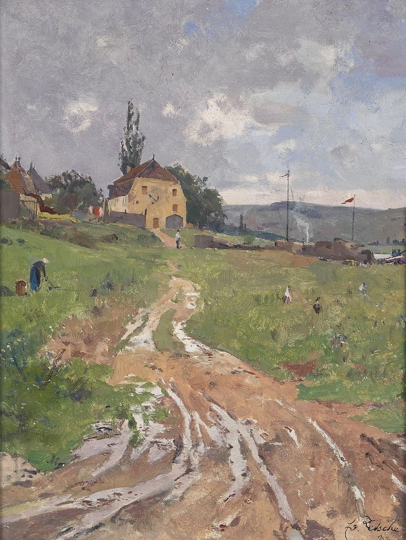Altes Wirtshaus am Main de Eduard Zetsche, óleo sobre lienzo que muestra una taberna rústica a la luz de la tarde