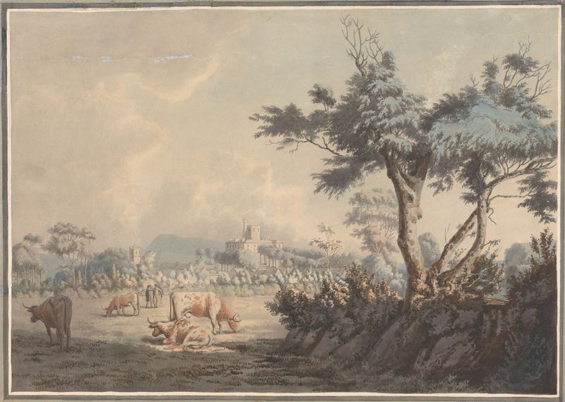 Landscape oil painting by William Green featuring a castle and cattle