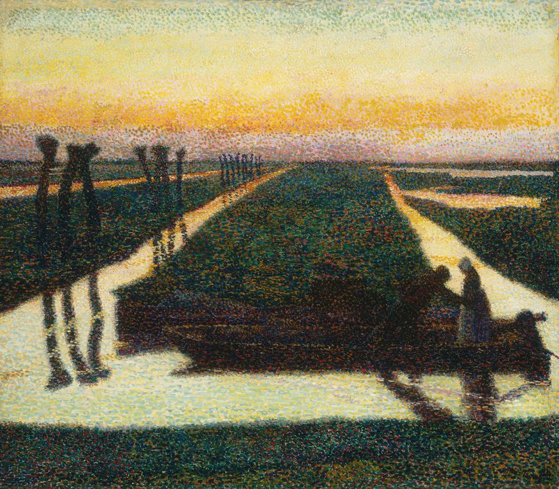 Broek in Waterland by Jan Toorop, oil painting depicting figures by water and a vibrant sky.