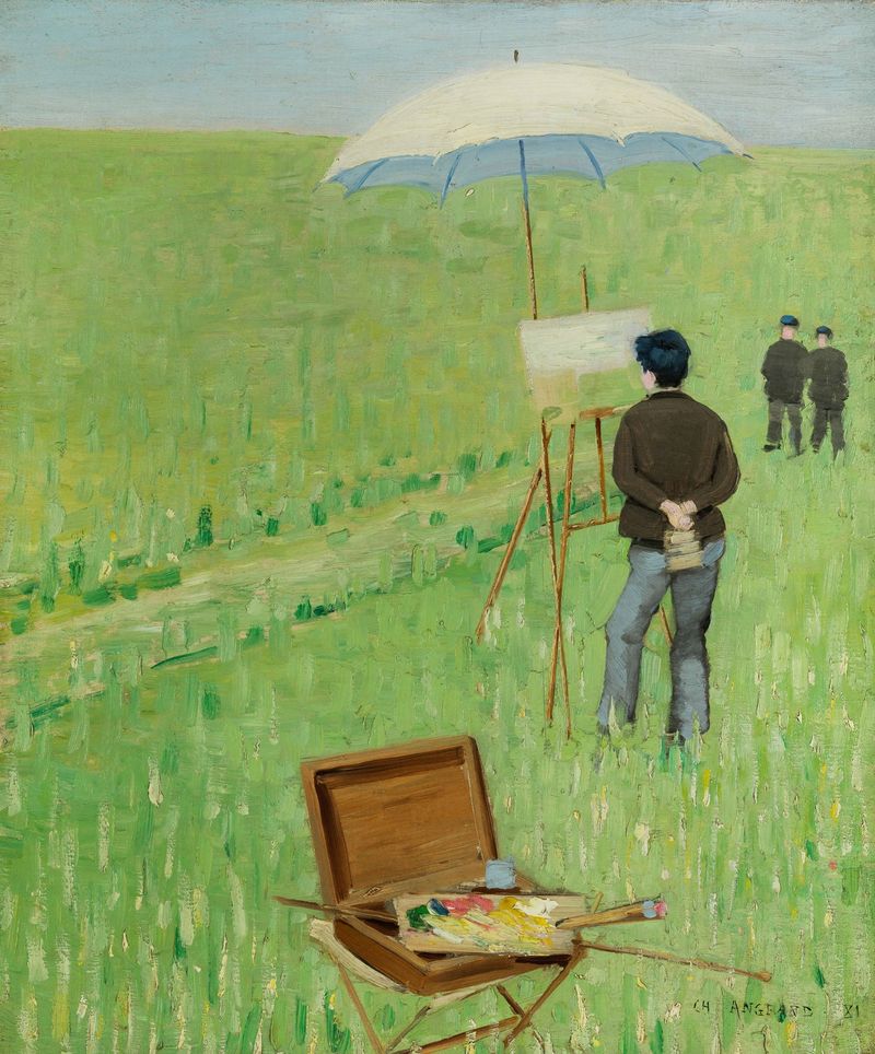 Escena de género de un pintor al aire libre, óleo de Charles Angrand.