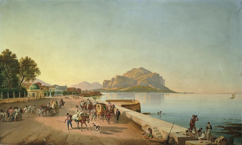 Genre scene depicting figures in colorful attire walking on a sunlit street, oil painting by Franz Ludwig Catel