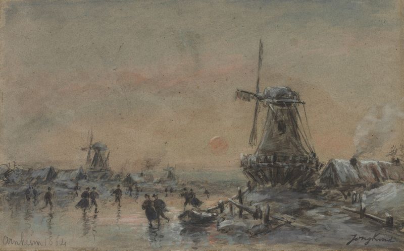 Paisagem de Johan Barthold Jongkind, 1864, retratando o pôr do sol sobre a água e as nuvens.