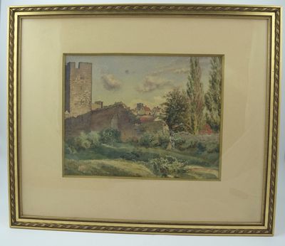 Acuarela de Johan Kahl que representa mujeres con sombreros cerca de la muralla de Visby
